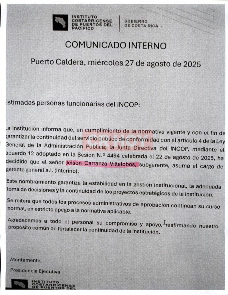 Comunicado de Incop sobre nombramiento de Jeison Carranza