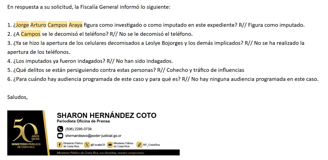 Correo Fiscalía sobre Jorge Arturo Campos Araya