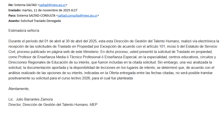 Correo masivo difundido por la Dirección de Gestión de Talento Humano del Ministerio de Educación Pública (MEP). Captura de pantalla