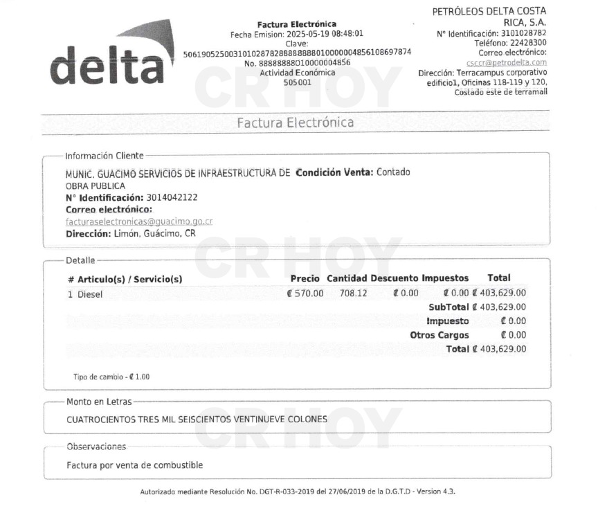 Factura rechazada por el Departamento Financiero de la municipalidad