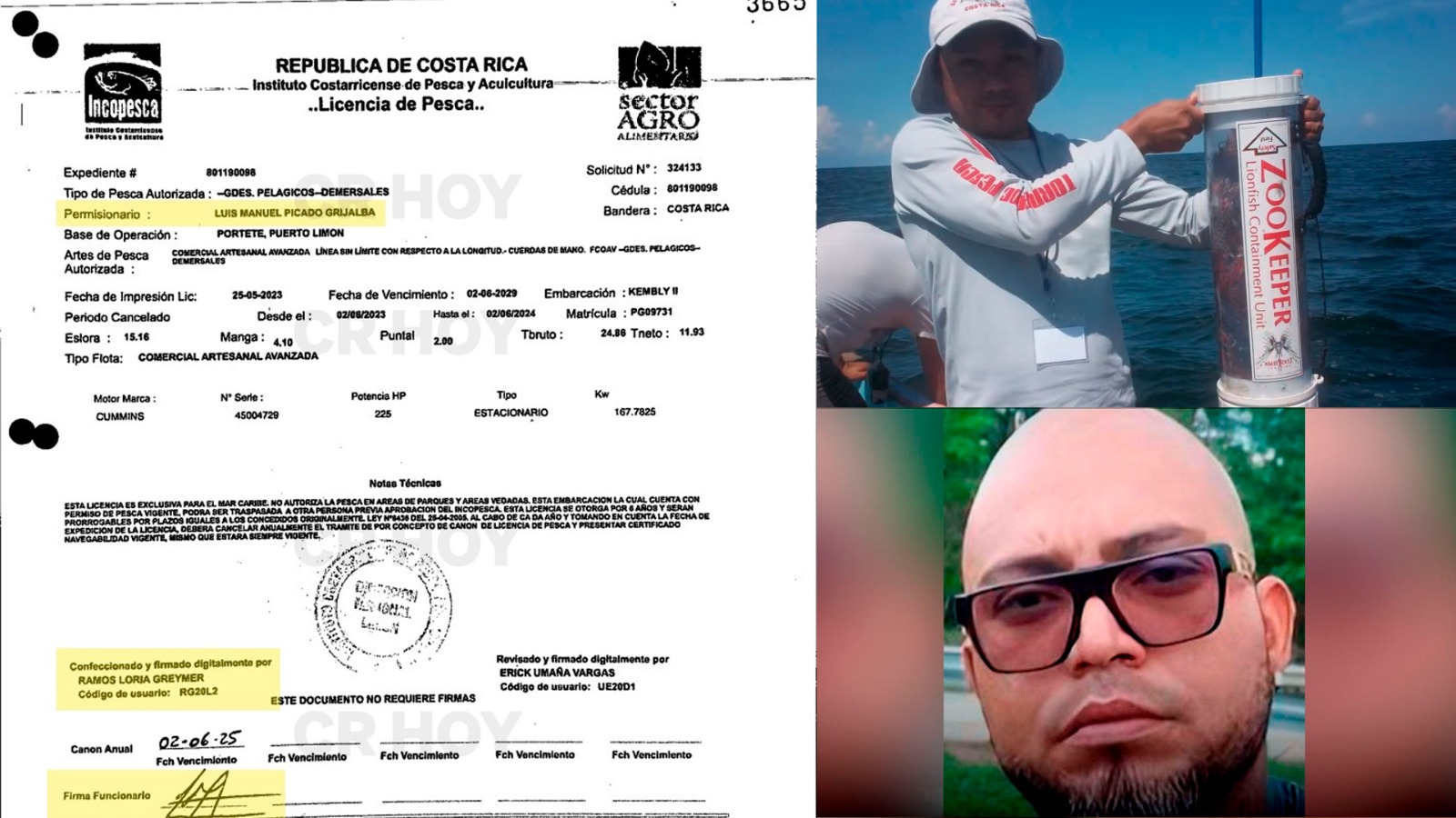 LIcencia de pesca firmada por Greymer Ramos