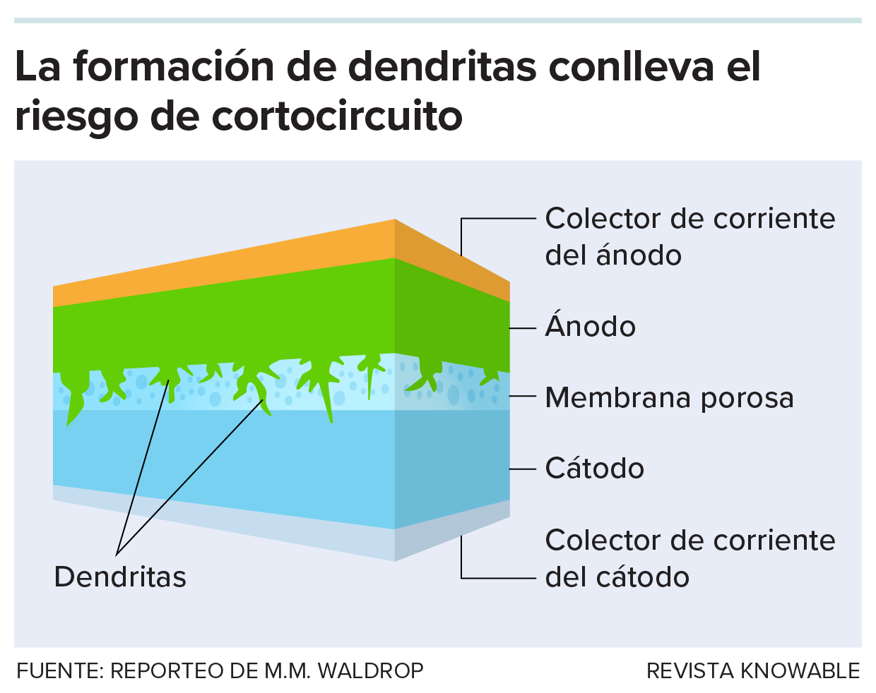 Las baterías de iones de litio estándar no utilizan ánodos de litio metálico porque existe un riesgo demasiado alto de que el metal forme puntas afiladas llamadas dendritas. Estas dendritas pueden perforar fácilmente la membrana polimérica porosa que separa el ánodo del cátodo, provocando un cortocircuito o incluso un incendio. Las baterías de estado sólido sustituyen la membrana por una barrera sólida.